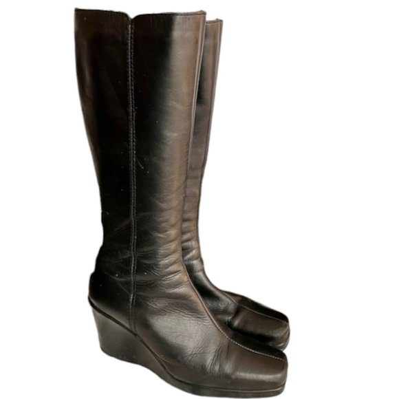 La CANADIENNE Leather Square-Toe Wedge Boots - Black - 8.5M - Picture 1 of 12